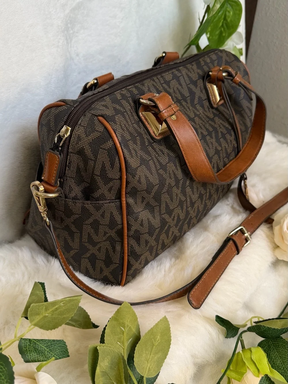 NX Noble Exchange Brown Monogram Large Satchel Shoulder Crossbody Bag